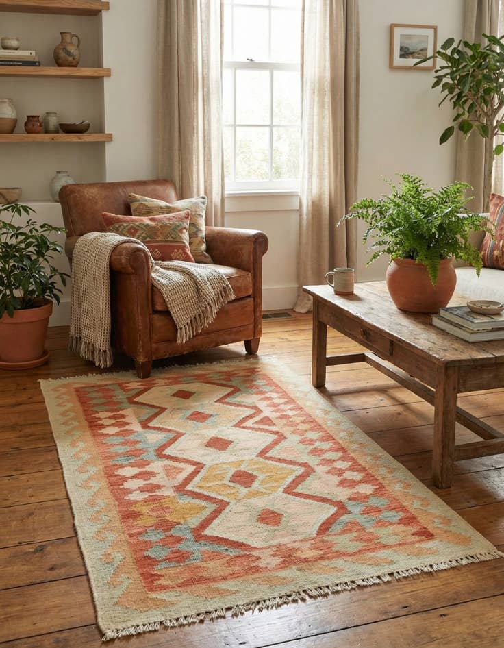 Detail image of 2' 9 x 4'  Hand Woven Kilim Waziri Wool Rug