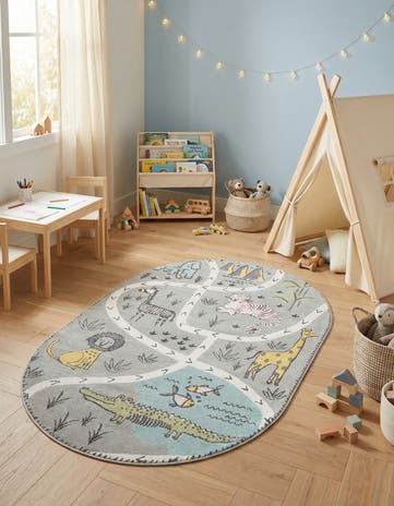 Gray Animals Whimsy Kids Oval Rug