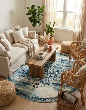 Blue Washable Fleur Round Rug