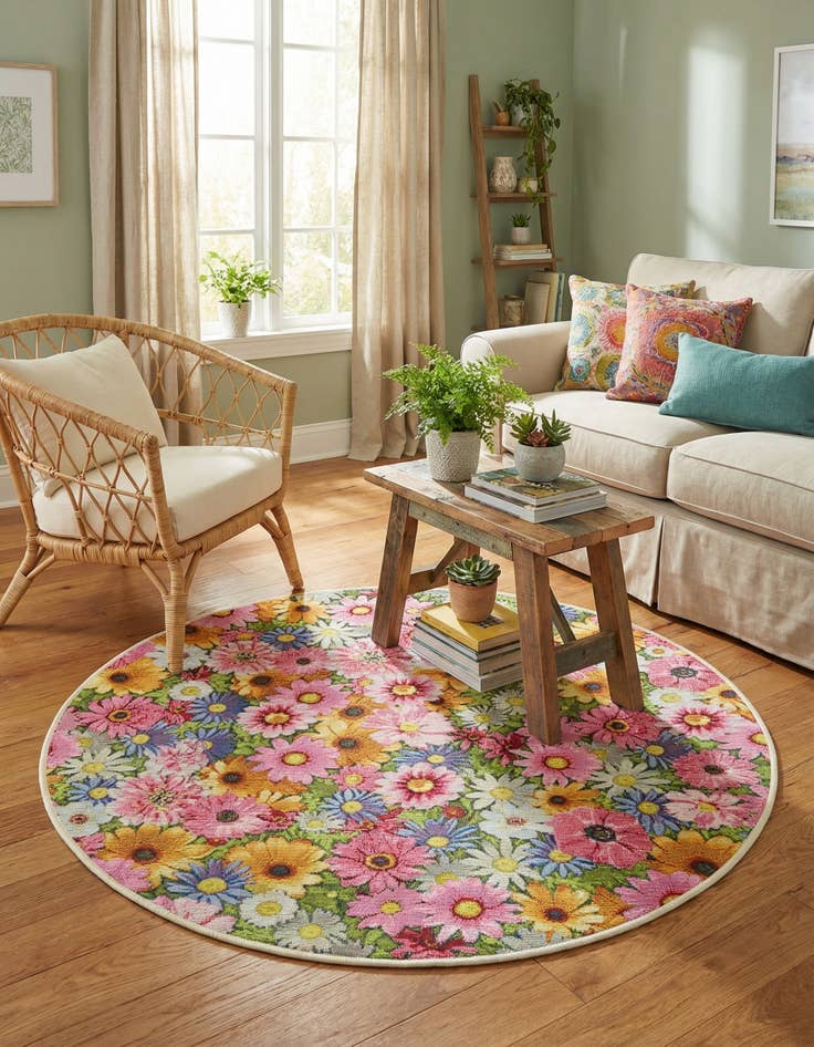 Detail image of  4' x 4'  Washable Botanical Indoor / Outdoor Round Rug