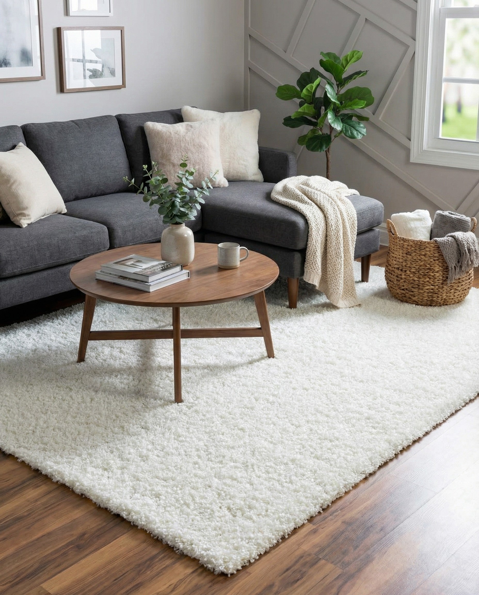 A plush 8x10 rectangular white shag rug, perfect for adding soft texture to a modern living room or bedroom.