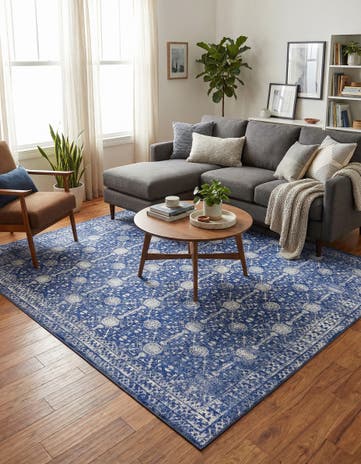 Navy Blue Washable Timeless Square Rug