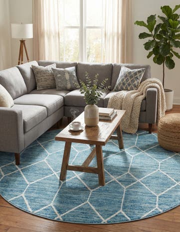 Blue Lattice Trellis Round Rug