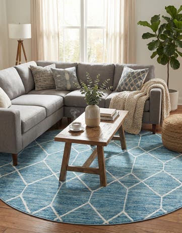 Blue Lattice Trellis Round Rug