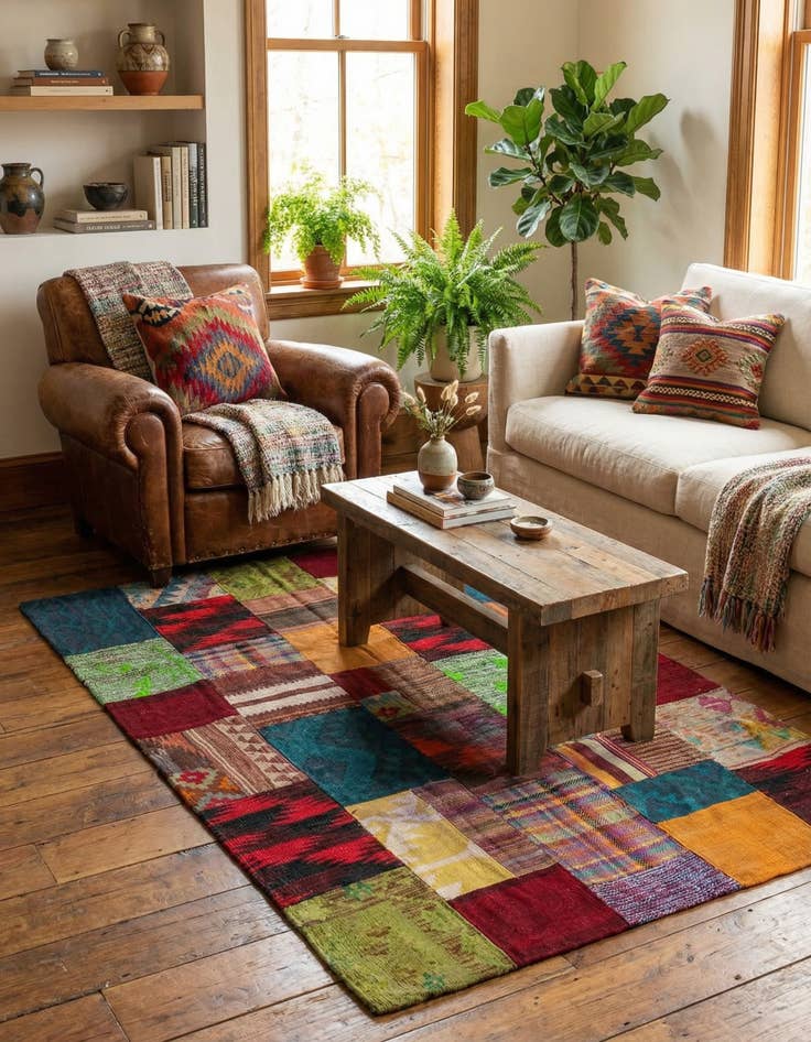 Detail image of  4' x 6'  Hand Woven Kilim Patchwork Wool Rug