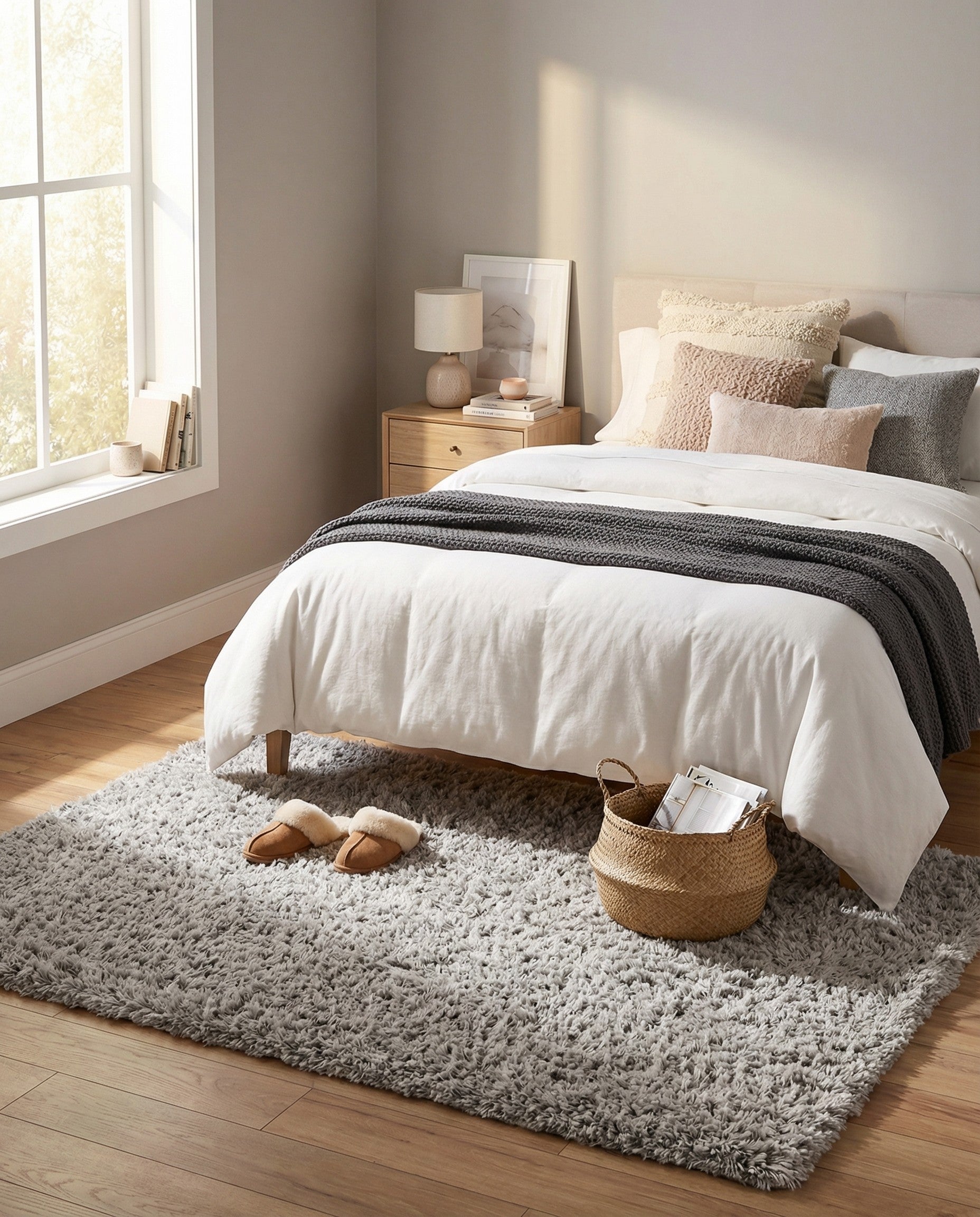 A rectangular 3x5 gray shag area rug with a thick, plush pile, perfect for adding comfort to a living room or bedroom.