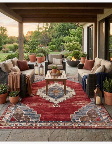 Red and Navy Blue Easy-Clean Traditional Indoor / Outdoor Rug