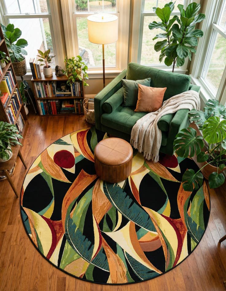 Detail image of 10' x 10'  Washable Botanical Indoor / Outdoor Round Rug