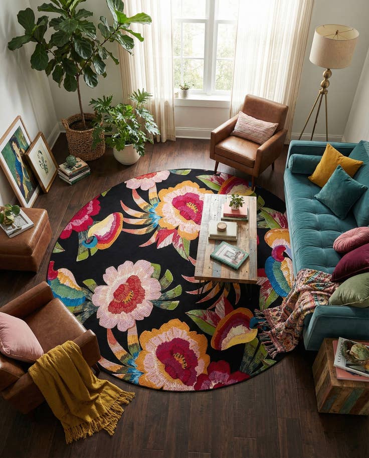 Detail image of 10' x 10' Easy-Clean Botanical Indoor / Outdoor Round Rug