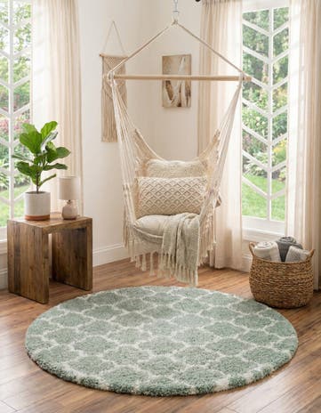 White Cyan Moroccan Shag Round Rug