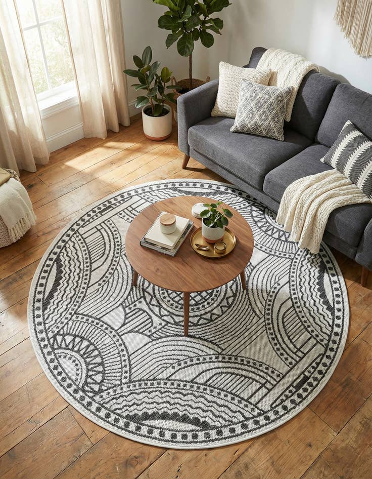 Detail image of 4' 1 x 4' 1  Washable Traditional Indoor / Outdoor Round Rug