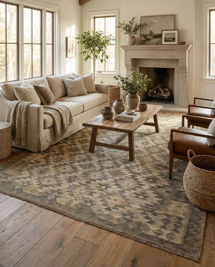 6' 8 x 9' 6 Hand Woven Kilim Maymana Wool Rug