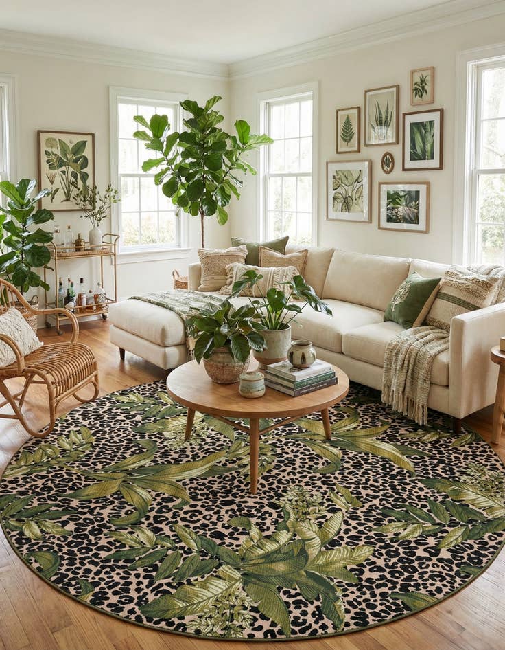 Detail image of 12' x 12'  Washable Botanical Indoor / Outdoor Round Rug