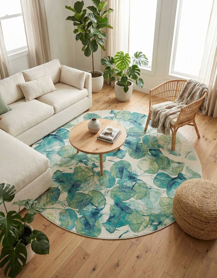 Detail image of 10' x 10' Easy-Clean Botanical Indoor / Outdoor Round Rug
