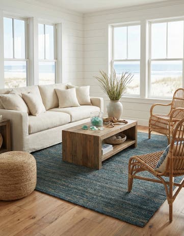 Ocean Blue Hand Woven Palm Beach Jute Square Rug