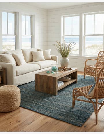 Ocean Blue Hand Woven Palm Beach Jute Square Rug