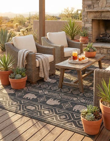 Black Easy-Clean Southwestern Indoor / Outdoor Square Rug