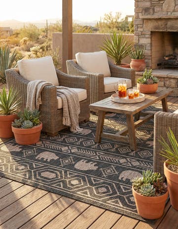Black Easy-Clean Southwestern Indoor / Outdoor Square Rug
