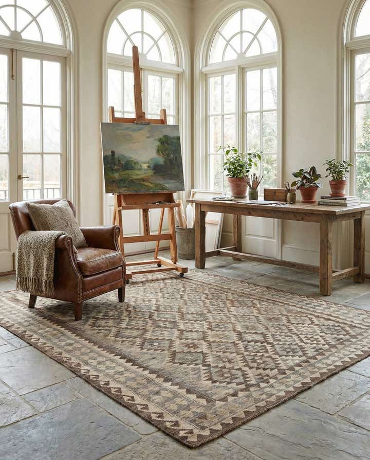 7' 2 x 9' 9 Hand Woven Kilim Maymana Wool Rug