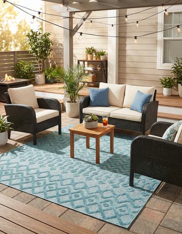 Aqua Easy-Clean Trellis Textured Indoor / Outdoor Square Rug