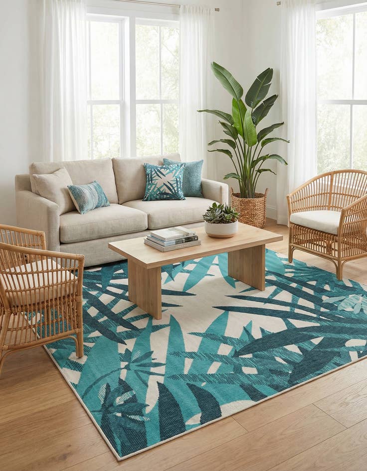 Detail image of 7' 10 x 7' 10  Washable Botanical Indoor / Outdoor Square Rug