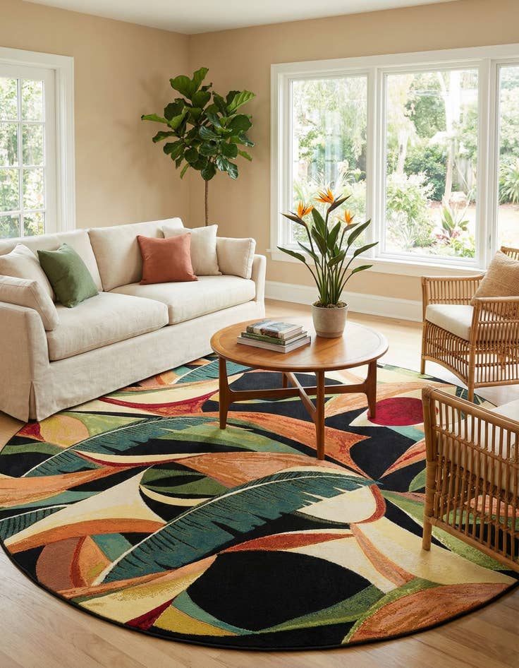 Detail image of  7' 10 x 7' 10  Washable Botanical Indoor / Outdoor Round Rug