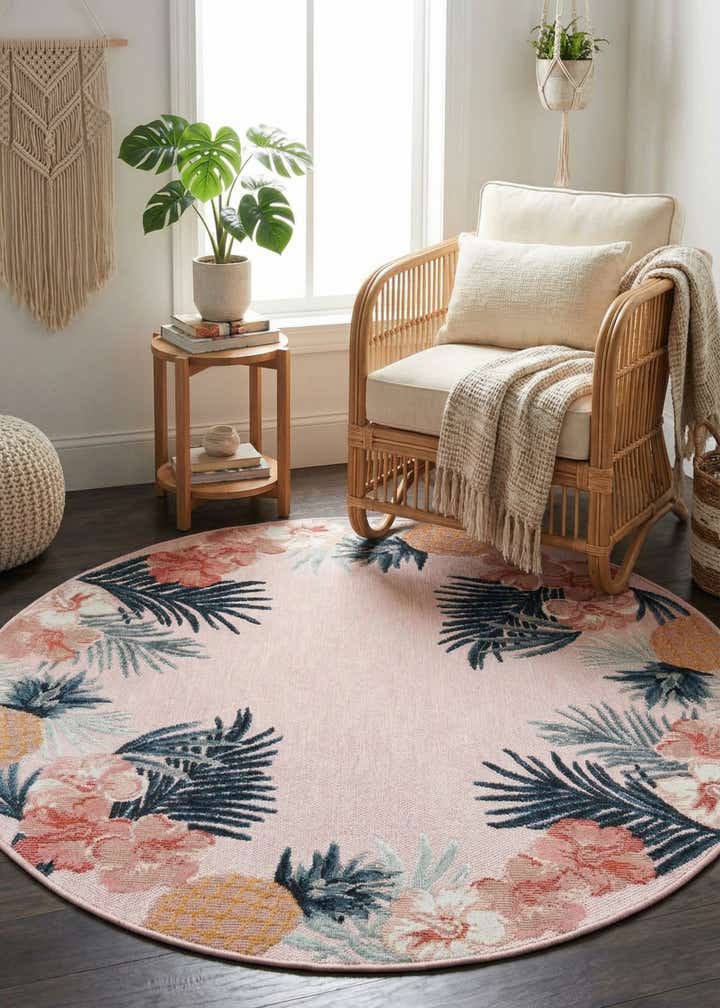 4' 5 x 4' 5 Easy-Clean Botanical Indoor / Outdoor Round Rug