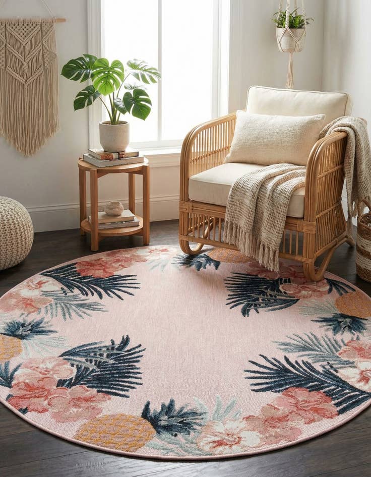 Detail image of  4' 5 x 4' 5  Washable Botanical Indoor / Outdoor Round Rug