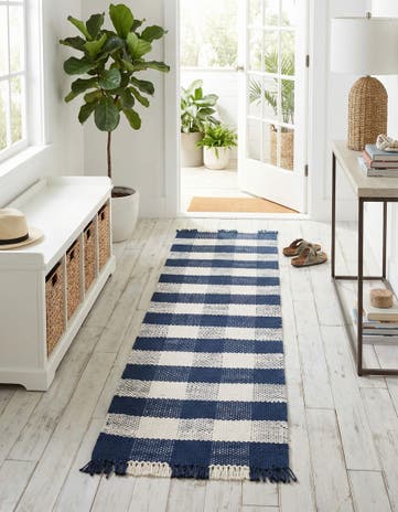 Navy Blue Easy-Clean Eco Plaid Washable Indoor / Outdoor Runner Rug