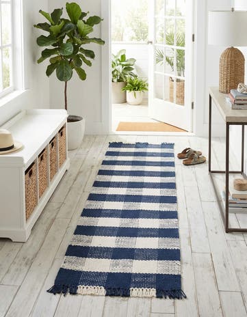 Navy Blue Easy-Clean Eco Plaid Washable Indoor / Outdoor Runner Rug