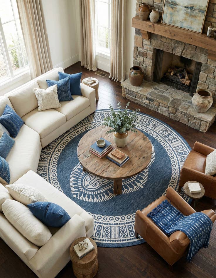 Detail image of 13' x 13' Easy-Clean Traditional Indoor / Outdoor Round Rug
