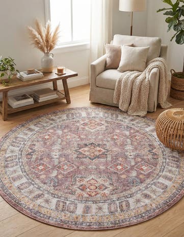 Antique Rose Pink Washable Timeless Round Rug