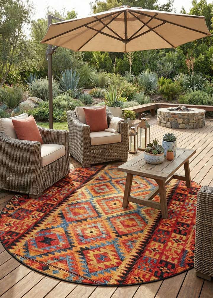10' x 10' Easy-Clean Tribal Indoor / Outdoor Round Rug