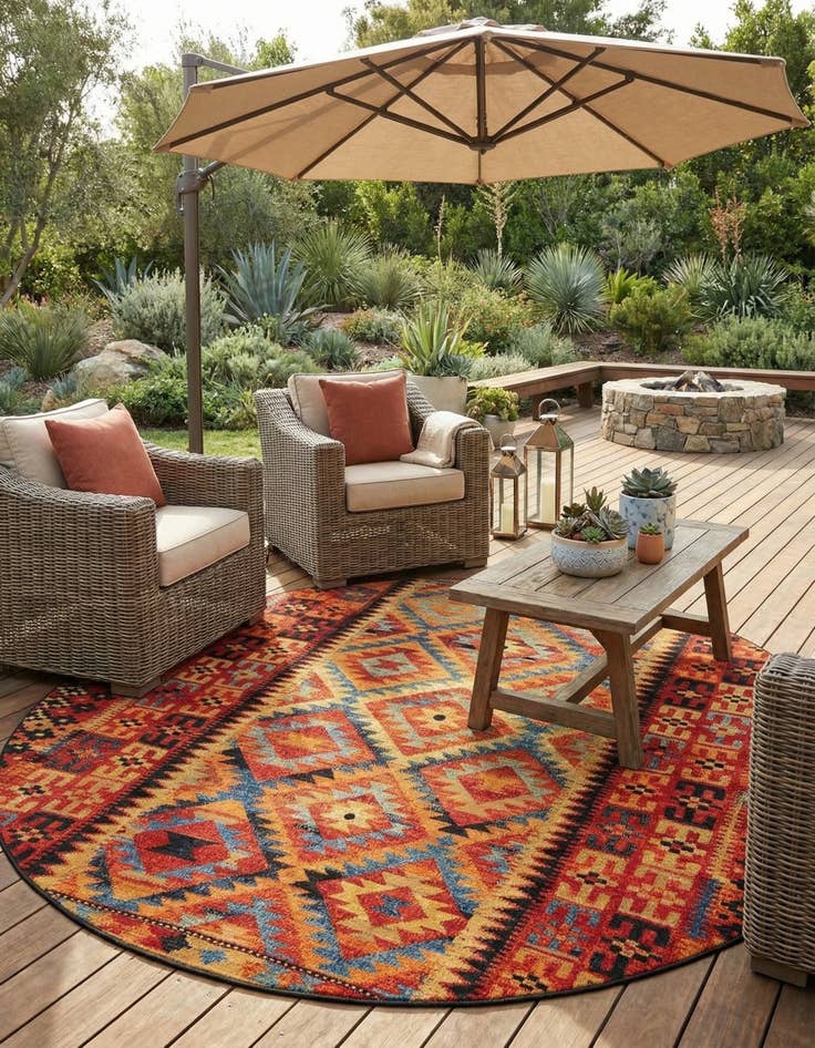 Detail image of 10' x 10' Easy-Clean Tribal Indoor / Outdoor Round Rug