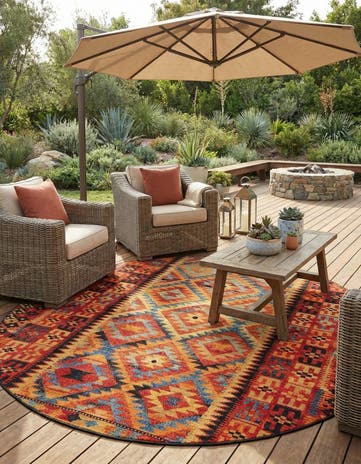 10' x 10' Easy-Clean Tribal Indoor / Outdoor Round Rug