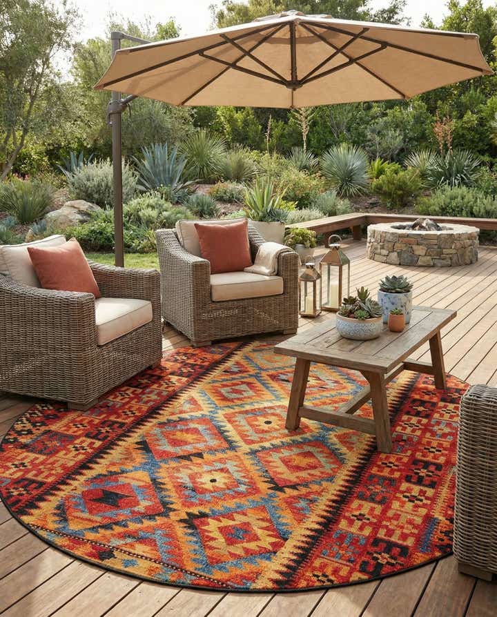 10' x 10' Easy-Clean Tribal Indoor / Outdoor Round Rug