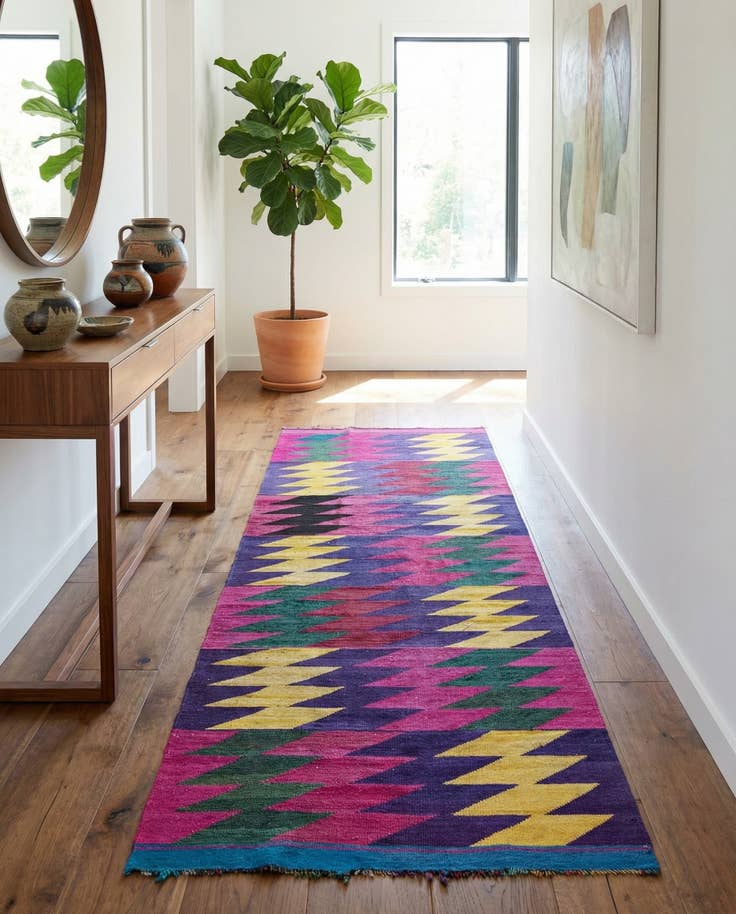 Detail image of 3' 10 x 11' 2 Hand Woven Kilim Modern Wool Runner Rug