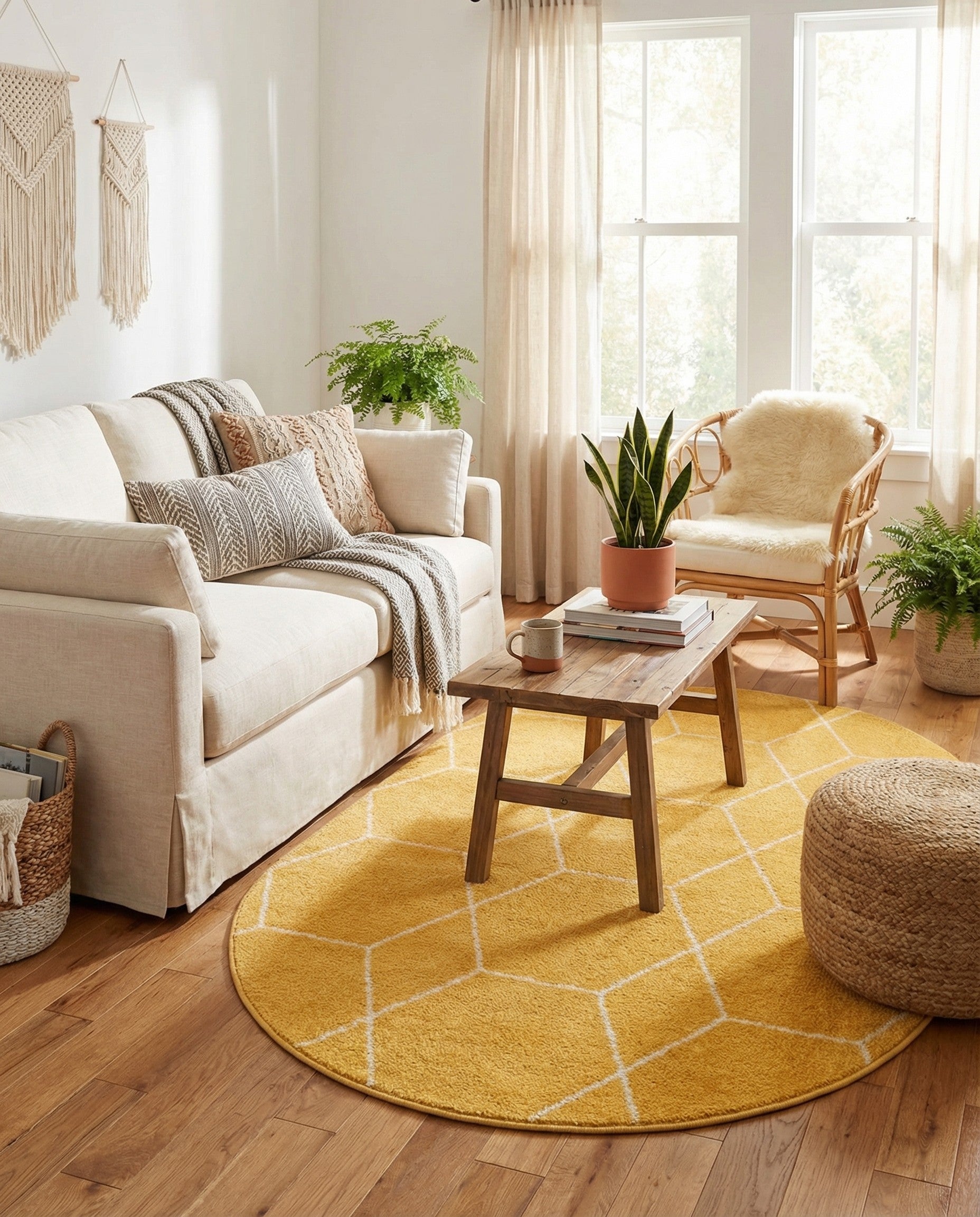 A 5'3" x 8'0" oval yellow rug with a white modern trellis pattern, suitable for indoor spaces.