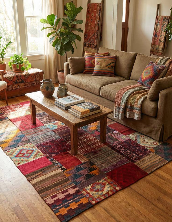 Detail image of 5' 6 x 8'  Hand Woven Kilim Patchwork Wool Rug