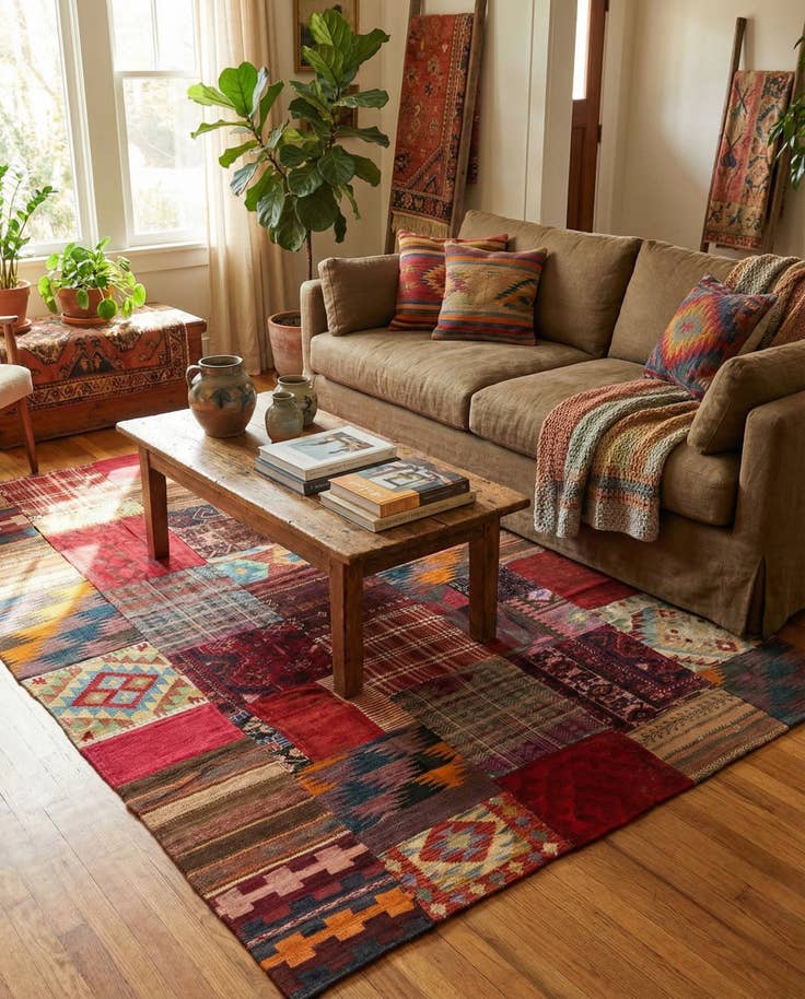 Detail image of 5' 6 x 8' Hand Woven Kilim Patchwork Wool Rug