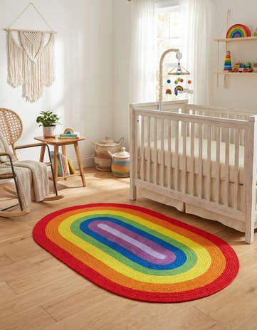 3' 1 x 5' 1 Handmade Hand Braided Rainbow Wool Oval Rug