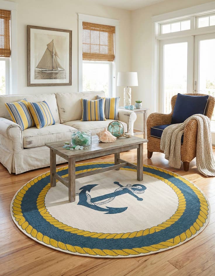 Detail image of 7' x 7'  Washable Coastal Indoor / Outdoor Round Rug