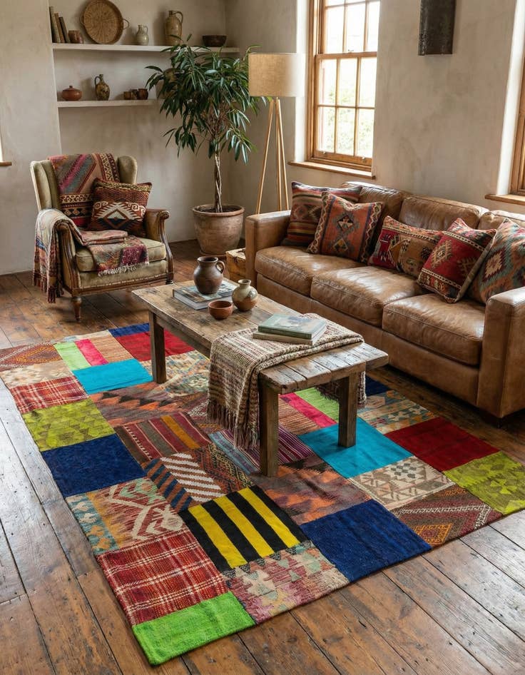 Detail image of 5' 6 x 7' 9  Hand Woven Kilim Patchwork Wool Rug