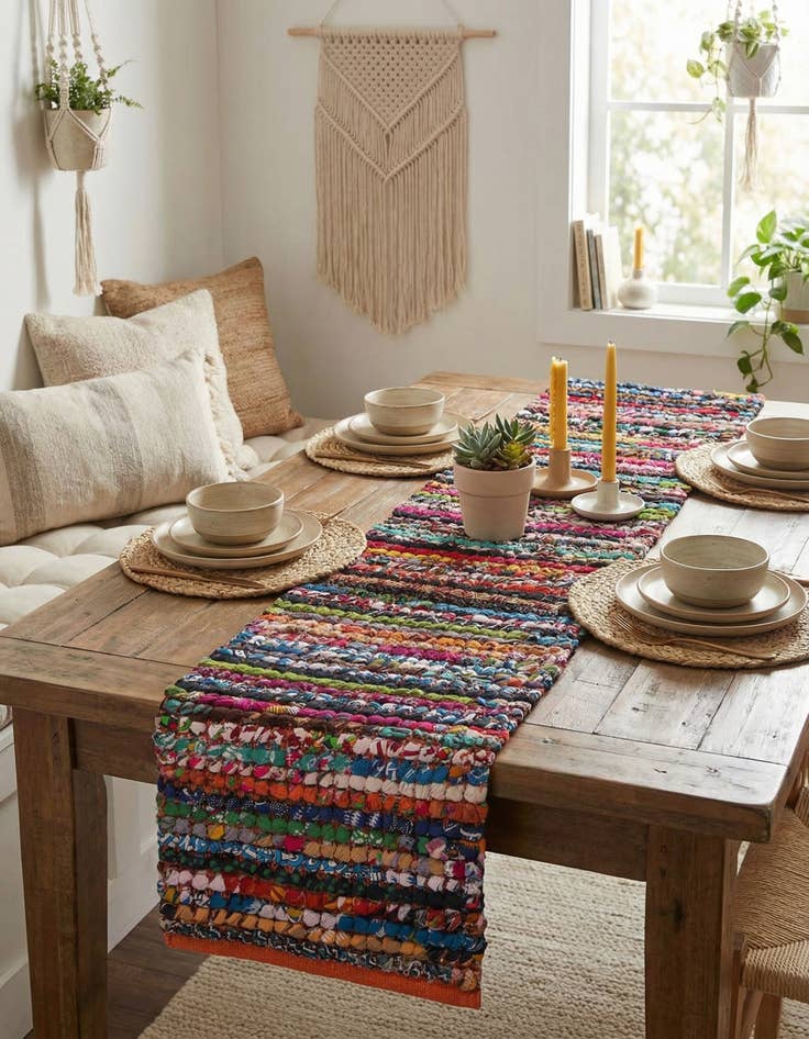 Detail image of  1' 2 x 5' 1  Hand Woven Braided Chindi Table Runner Rug