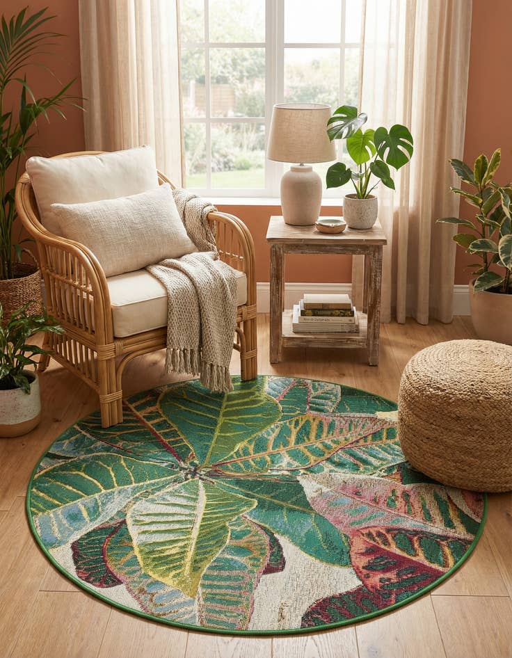Detail image of  4' x 4'  Washable Botanical Indoor / Outdoor Round Rug