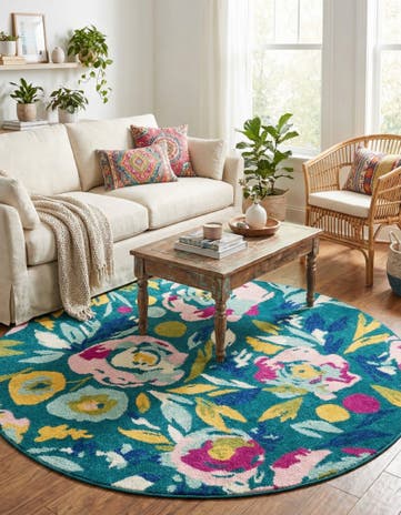 Teal Bloom Round Rug
