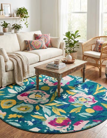 Teal Bloom Round Rug