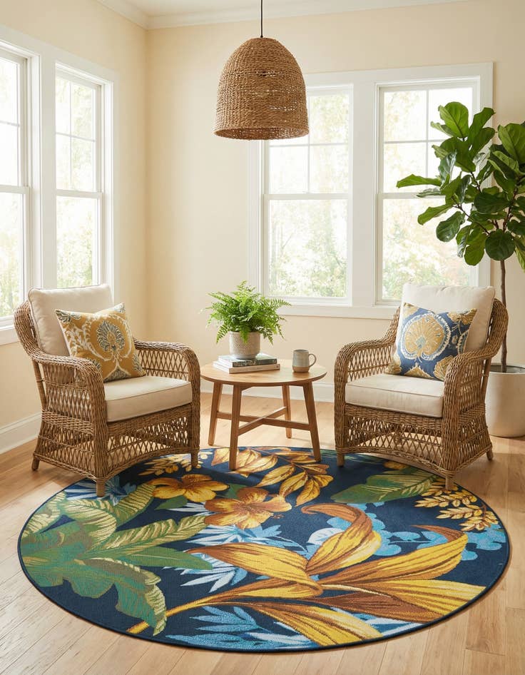 Detail image of 5' x 5'  Washable Botanical Indoor / Outdoor Round Rug