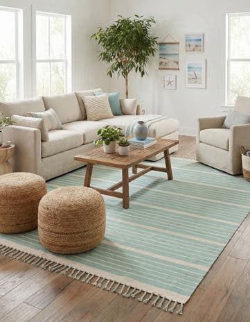 Aqua and White Hand Woven Chindi Cotton Rug