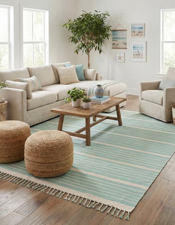 Aqua and White Hand Woven Chindi Cotton Rug
